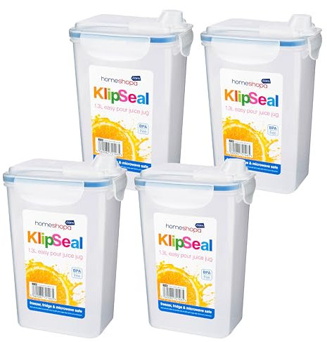 HOMESHOPA Fridge Liquid Storage Jug, 4 Pack Clip & Lock Seal Clear Plastic Juice Containers, BPA free Airtight Jug for Milk, Water & More, Dishwasher Freezer & Microwave Safe