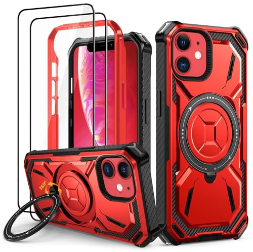 Lanhiem Handyhülle für iPhone 11 Hülle mit 2 Stück Panzerglas und 360° Ring Ständer, Militärischer Stoßfest Schutzhülle für iPhone 11 Case, Rot