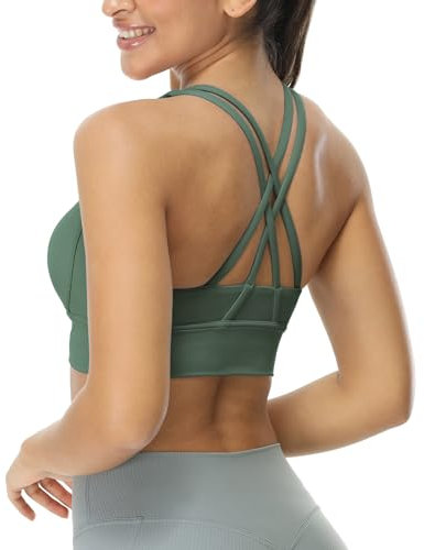 icyzone Damen Sport BH Starker Halt Gepolstert Training Yoga Top Fitness Gym BH (M, Forest Green)