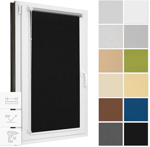 Estika Verdunklungsrollo ohne Bohren, Breite alle 1 cm - 79 cm x 120 cm - Schwarz - Thermorollo, Rollos für Fenster ohne Bohren, Sonnenschutz Fenster innen