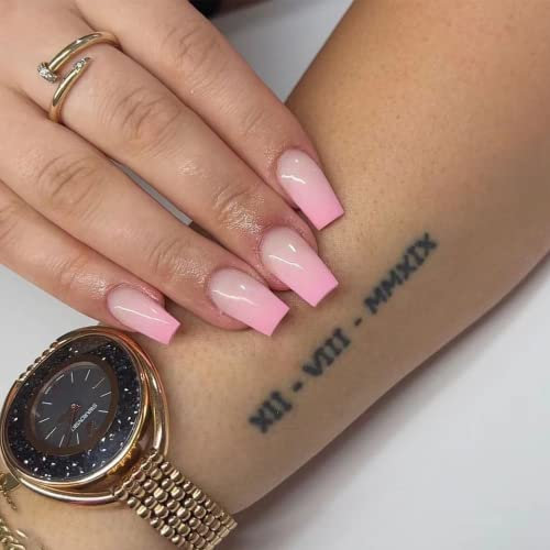 24PCS Nägel Zum Aufkleben Künstliche Fake nails - Ballerina Pink Gradient Press on Nails - Coffin Falsche Nägel Tips mit Nagelkleber DIY Nagelkunst für Frauen (Pink Gradient)