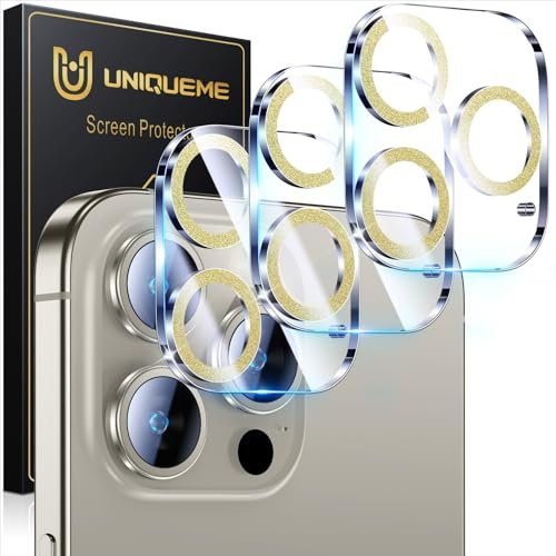 UniqueMe for 3 Pack iPhone 15 Pro/iPhone 15 Pro Max Camera Lens Protector, [Drop Protection] [Case Friendly] 9H Tempered Glass Camera Cover Screen [Update New Version] - Glitter Yellow