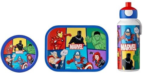Mepal - Ensemble repas pour enfants avec gourde pop-up, boîte à lunch et boîte à fruits - Kit de pause pour l'école ou les déplacements - Passe au lave-vaisselle et sans BPA - Motif Avengers