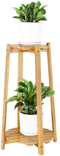OcBuct 2 Tier Round Bamboo Plant Stands Shelves Indoor 12 Inch,Corner Flower Pot Stands Shelf, Wooden Tall Plant Pedestal Holder Rack for Succulent Catus Display in Living Room Patio Balcony Outdoor