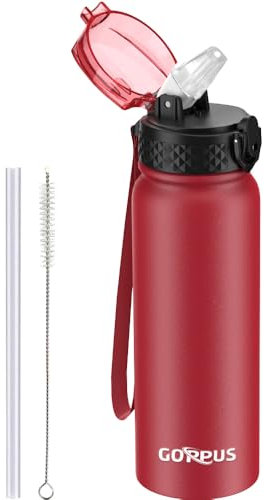 GOPPUS 600ml/20oz Stainless Water Bottle with Straw Double Wall Insulated Bottles with Strap Reusable Vacuum Thermal Flask Leakproof Keep Cold Drinks Bottles with Flip Top Lid for Men Women BPA Free