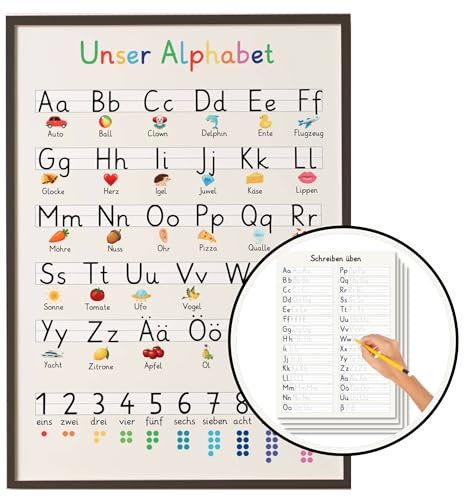 ABC Poster für Kinder 50x70cm mit Rahmen, inkl. Übungsblätter - Poster Kinderzimmer, Kinder Lernposter ABC und Zahlen - für Einschulung und Buchstaben lernen - Premium-Druck 50x70 cm mit Rahmen