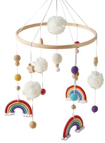 Regenbogen Baby Mobile Babybett, Mobile Wickeltisch, Mobile Baby Holz Windspiel,Mobile Baby Windspiele mit Filzbällen Baby Windspiel Kinderzimmer Deko, Neugeborenen Geschenk Baby Jungen (rot)