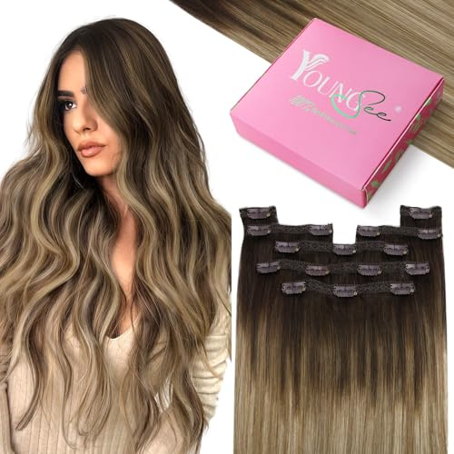YoungSee 150g Clip in Extensions Echthaar Balayage 50cm Dunkelbraun mit Braun Blond - Remy Haarextension #4/10/16