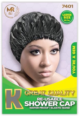 Great Quality Re-Usable Water Proof Shower Cap Elastic Band Large Black - 7401