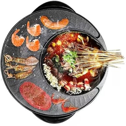 HYDIK 2 In 1 Electric Hot Pot and Grill, Household Non-stick Hot Pot and BBQ Grill with Glass Lid, Adjustable High Efficiency Barbecue Grill Plate with Hot Pot Round Cook Frying Plate for Home Kitchen