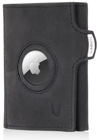 MAGATI Slim Wallet mit AirTag Hülle, Münzfach, RFID-Schutz - il Santo Kartenetui - Kartenhalter Einkaufswagenchip-Fach Portemonnaie, Schwarz Vintage