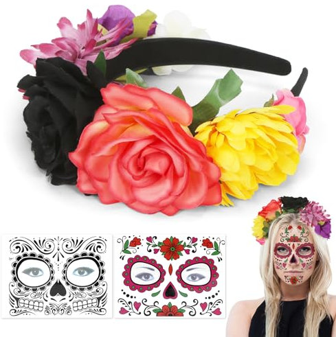 Bandeau de Roses Fleuri, Serre Tete Fleur dia de los Muertos, 3 Pièces Bandeau Jour des Morts Mexicain Colorée, Avec Tatouages Visage Femme, Pour Carnaval Halloween Soirées à Thème Mexicaines