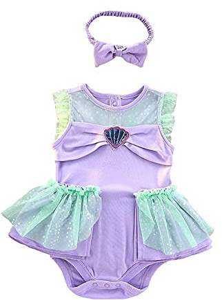 Lito Angels Deguisement Robe Princesse Ariel Sirène avec Bandeau pour Bebe Fille, Anniversaire Fete Carnaval Costume Barboteuse Body Ete, Taille 0-3 mois, A (étiquette en tissu 50)