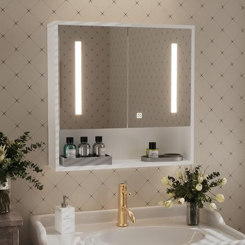 Msutree 2 Portes Miroir, Meuble Wall-Mounted avec étagère en Bois, Armoire à Pharmacie, Meuble Gain de Place, Miroir Salle de Bain (2 Portes avec Lumière)
