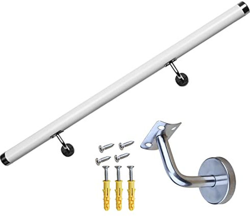 Wandmontage Treppengeländer Kit DIY Komplette Handlauf mit Silber Halterungen Indoor Outdoor Treppengeländer für 1.6m (5.2ft) Länge Weiße Farbe