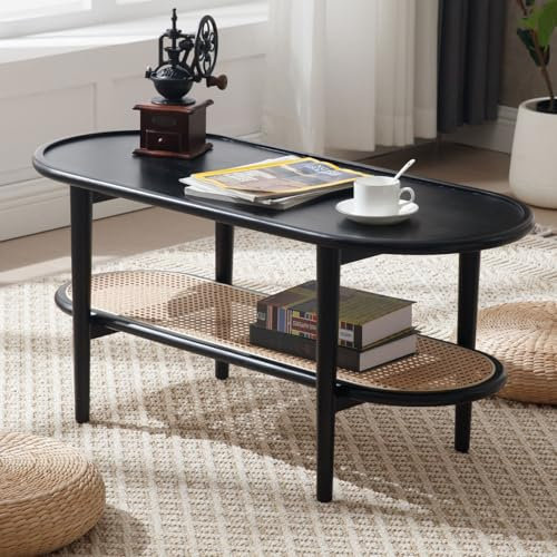 Ya-Home Wohnzimmertisch Holz mit Rattan Regal, Couchtisch Beistelltisch Cocktail Snack Tee Center Tisch für Wohnzimmer/Büro,Schwarz