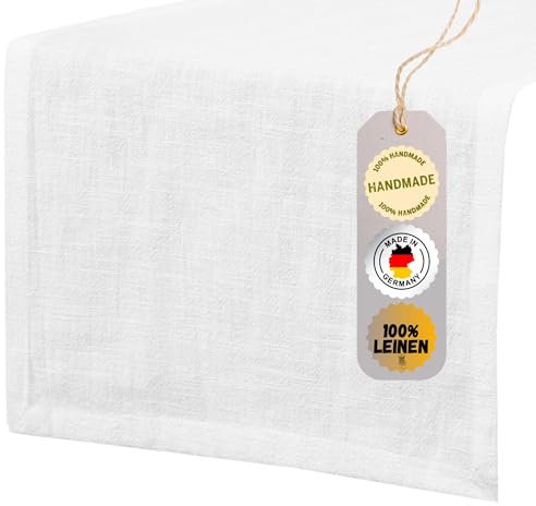 chambry Tischläufer 100% Leinen Stonewashed – Handarbeit Made in Germany – Größe und Farbe wählbar – natürliche und hochwertige Tischdekoration aus Naturmaterial Weiß 30cm x 160cm