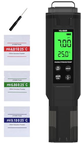 5-in-1 Wassertester Digital, pH-Wert, TDS, Salzgehalt, Leitfähigkeit (EC) & Temperatur, Präzision für Hydroponik, Trinkwasser, Aquarium, Pool & Garten Einfache Bedienung