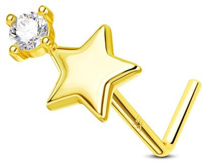 Jewseen Star Nez Clou Cz - Naso chiodo a forma di L, 9 K, oro giallo, naso, anello, 20 g, Oro giallo