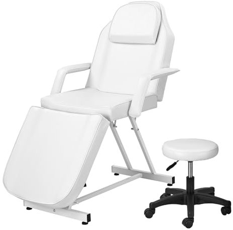 HaiYiZuhause Massage Liege mit Hocker, Verstellbarer Kosmetikstuhl mit hydraulischer Höhenverstellung, Rückenlehne & Beinauflage, Profi Massageliege für Tattoo, Wimpern, Kosmetikstudio, Weiß