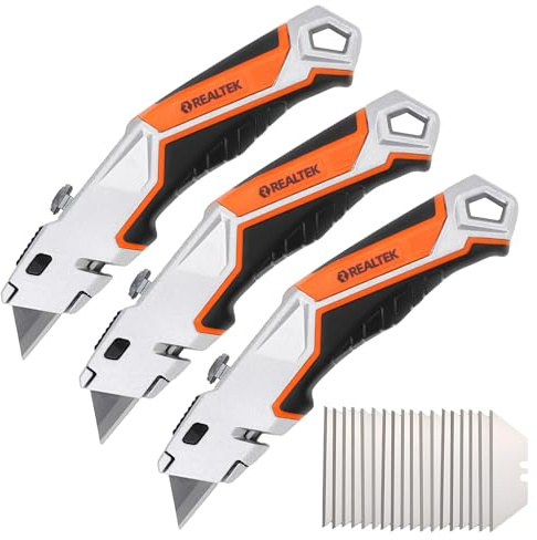 REALTEK Lot de 3 Cutter Professionnel 18 Lames SK5 Incluses | Couteau Utilitaire Rétractable, Robuste et Ergonomique