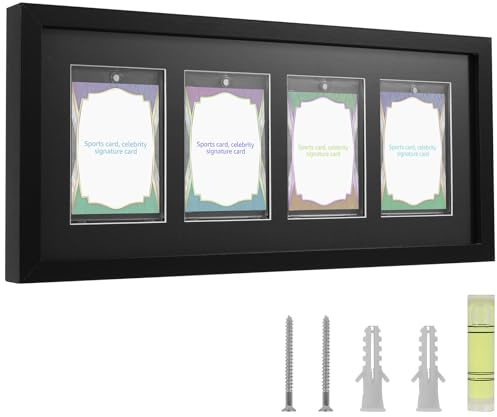 4 Grids Baseball Card Display Case, 42×19×3cm Wall Mounted Wooden Trading Card Display Frame, Magnetic Cards Holder Cases for Basketball, Football, Hockey & Sports Cards Collection