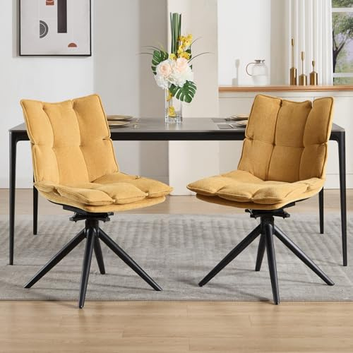DAYALANE Drehbar Esszimmerstühle 2er Set, 360° Drehstuhl Küchenstuhl mit Doppelkissen Metallbeinen aus Chenille, Polsterstuhl Sessel für Wohnzimmer Esszimmer Arbeitszimmer Schlafzimmer, Gelb