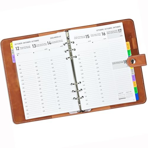 Kalender 2026 2027 Terminplaner/Wochenplaner A5 - Nachfüllbarer Ringbuch-Organizer (August-Juli), Vertikallayout (7-20 Uhr), Mit Tabs, Stiftschlaufe & PU Leder Softcover, Buchkalender Planer