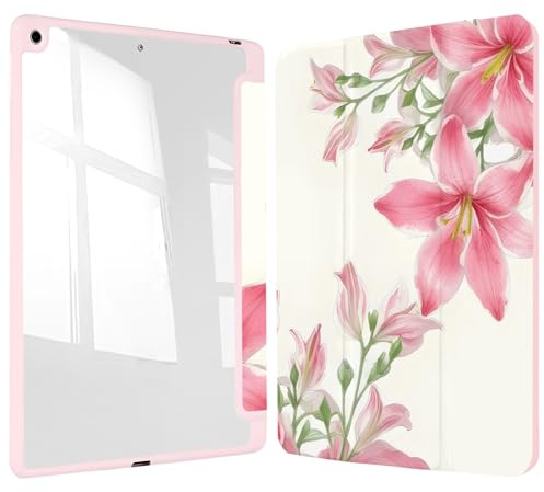 Vozehui iPad Case 11/10.9 Inch (A16)11/10th Gen/10.2 Inch 9th/8th/7th Gen/9.7 In.5th/6th/Air 11 In.M3/M2 w/Clear Back Shell w/Pencil Holder,Tri-fold Stand Cover w/Auto Sleep Wake Lily Floral