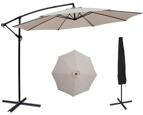 ZealWe Garden Parasol Umbrella, 3m Cantilever Patio Parasols with Cover and Crank Handle, Banana Parasol Sun Shade with Cross Base and 8 Ribs for Beach Pool Lawn Backyard Deck, Beige