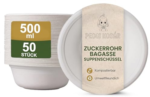 Peggikosar Einweg-Suppenschalen aus Zuckerrohr-Bagasse, 500 ml, 50 Stück | Biologisch Abbaubar, Extra Stabil, Mikrowellen- und Gefriergeeignet, Stapelbar, Weiß