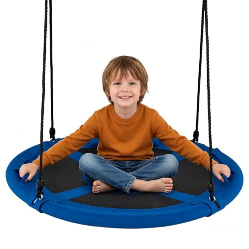 COSTWAY Balançoire Nid d'Oiseau Ø100cm avec Appui-tête Amovible (Bleu) | 4 Poignées, Cordes Réglables(100-180cm), Extérieur Intérieur, Balançoire Ronde pour Enfant et Adultes