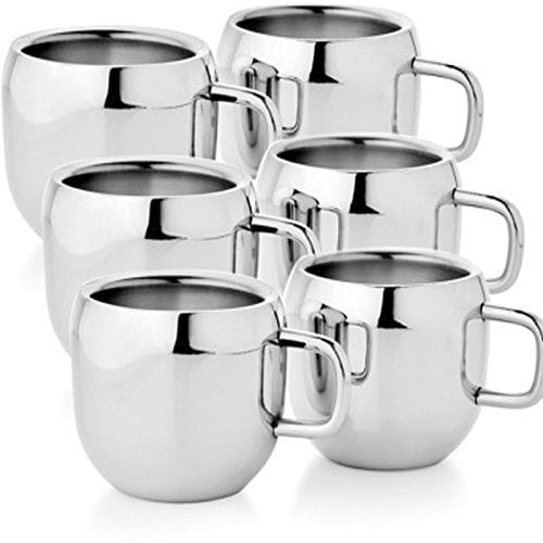 WhopperIndia 6 Pcs Coffee Cup Espresso Cup Double Wall Stainless Steel Tea Cups, Reusable, Mirror Finish & Dishwasher Safe - 5 oz/150 ml