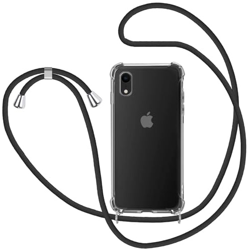 Funda con Cuerda para Apple iPhone XR, Carcasa Transparente TPU Suave Silicona Case con Correa Colgante Ajustable Collar de Cuello Cadena Cordón - Negro