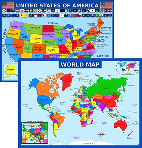 Weltkarte Poster und USA-Karte mit zusätzlichen Features - laminiertes Lernposter (14 x 19,5 Zoll) - Karten für Kinder, Klassenzimmer-Dekoration, Vorschule und Grundlegendes Lernen, Lehrerbedarf