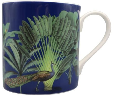 M & G Mustard & Gray Darwin Fine Bone China Mug – Jungle Wildlife Design with Peacock and Leopard | Nature-Inspired Tea & Coffee Mug Made in England by Duchess China | Dishwasher Safe (Blue Mug)