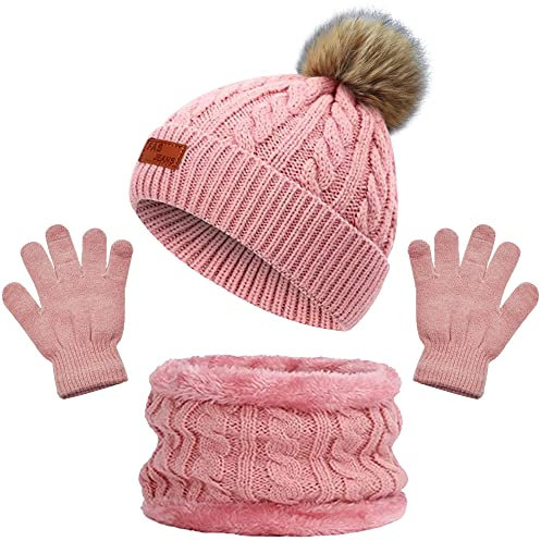 beifon Kinder Wintermütze Schal Handschuhe Mädchen Set Kindermütze Strickmütze Kinder Mütze Schal Set Mütze Jungen Warme Winter Beanie Hut Handschuhe runder Schal Set für Kinder 3-8 Jahre
