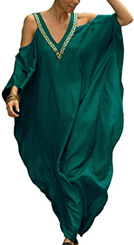 Bsubseach Robe de Plage Femme Caftan Épaule Froide Col en V Cache-Maillot de Bain Maxi Kimono Djellaba Grande Taille Kaftan Vert Paon