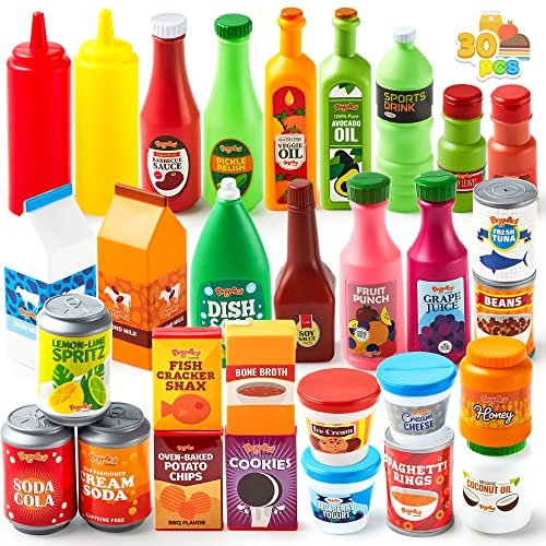 JOYIN 30 Piezas de Juguetes de Comida de plástico para niños, latas de comestibles, Accesorios de Cocina de Juego de simulación, Comida Falsa, Regalos para niños y Juguetes de Interior