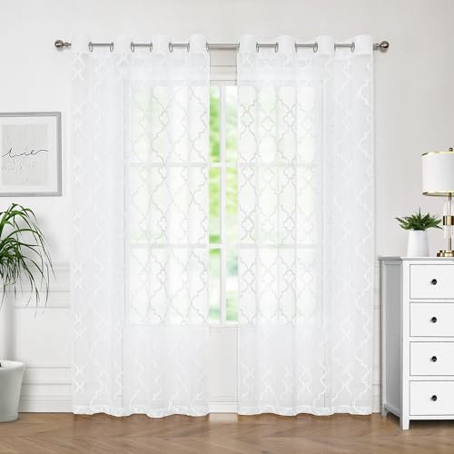 Transparente Vorhänge für Schlafzimmer, Wohnzimmer, 213 cm lang, Gittermuster, geometrische Stickerei, halbtransparent, Leinenstruktur, marokkanischer Voile, Fensterbehandlungssets, 132 cm B x 2