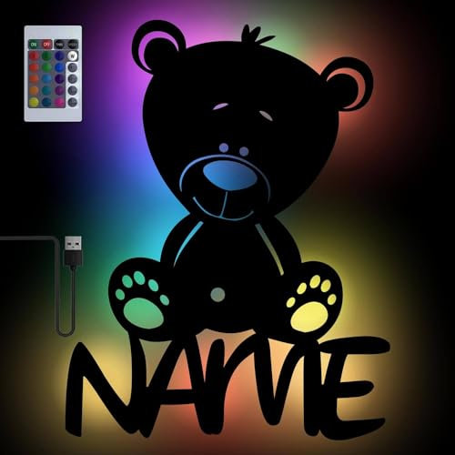 Personalisiertes Bärchen Farbwechsel Wand-Licht Nachtlicht Geschenke mit Namen Schlummerlicht Holz Wand-Lampe I USB + Fernbedienung