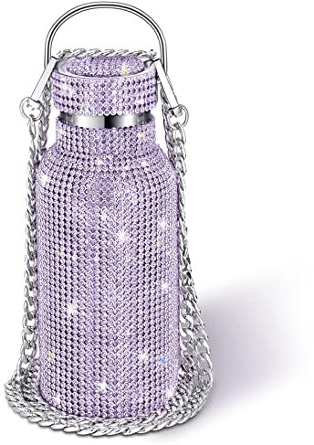 Diamond Water Bottle Bling Rhinestone Stainless Steel Thermal Bottle Refillable Water Bottle Insulated Water Bottle Glitter Water Bottle with Chain for Women Girls Gifts (Purple, 350 ml)