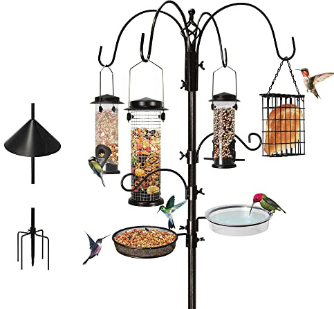 Ointo Garden 6-Hook Bird Feeding Station, Steel Multi-Feeder Kit Stand for Attracting Wild Birds w/ 4 Bird Feeders, Bird Bath, Mesh Tray and Squirrel Guard Baffle，94 Inch