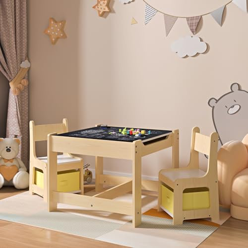 [en.casa] Kindertisch mit 2 Stühlen Irixoa Kindertisch-Set mit Aufbewahrungsboxen Kindersitzgruppe Kindersitzgarnitur Spieltisch abnehmbare Tischplatte Maltisch Basteltisch Natur