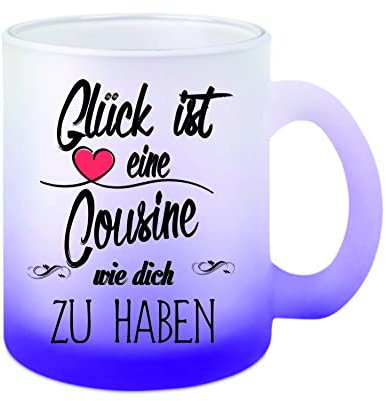 Glas-Tasse weiß/lila Glück ist eine Cousine wie dich zu haben Kaffeetasse, Teetasse, Glühweintasse, Glas satiniert mit Farbverlauf