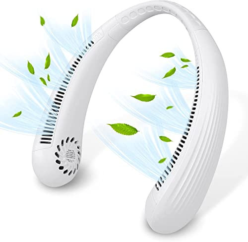 VRBFF Portable Neck Fan, Hands Free Leafless Neckband Fan, USB Rechargeable Wearable Personal Bladeless Cooling Fan with Long-Lasting Battery, Adjustable 3 Speeds for Adult Children Outdoor (White)