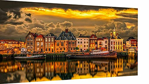 Magic Canvas Art - Bilder Skyline Amsterdam Europa Niederlande Leinwandbild 1- teilig Hochwertiger Kunstdruck modern Wandbilder Wanddekoration Design Wand Bild – A3641, Größe: 160 x 120 cm