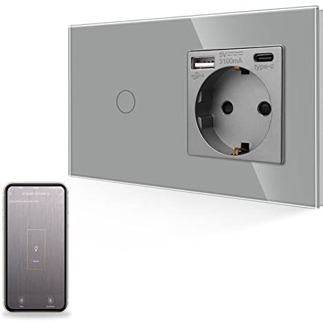 JIMEIDA Smart Wlan Touch Lichtschalter mit USB Steckdose in Grau, Glas Steckdose mit Schnelles Aufladen (Typ A und Typ C, 5V/3.1A), Brauche Nullleiter, Glasscheibe, 1 Gang Lichtschalter
