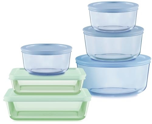 Pyrex Colors (6-Pack, Full Set) Tinted Glass Food Storage Container Set, Snug Fit Non-Toxic Plastic BPA-Free Lids, Freezer Dishwasher Microwave Safe, 3 Cup, 6 Cup & 11
