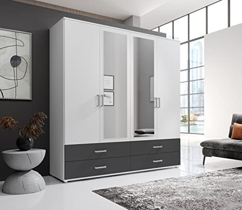 möbelando Kleiderschrank Ivar in Weiß Abs. Graphit mit 4 Schubladen und 4 Türen. Abmessungen (BxHxT) 180x190x51 cm